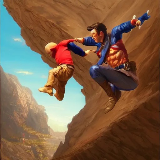 Prompt: a flying man catching a child that is falling from a cliff. photorealistic. realism. 4 k wideshot. cinematic. unreal engine. artgerm. marc simonetti. jc leyendecker