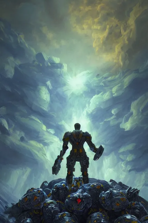 Prompt: a distant shot of a super soldier with blue and yellow flag and standing alone on a huge pile of human skulls as a winner, masculine figure, D&D, fantasy, bright hopeful atmosphere, volumetric lights, beam of bright light through the clouds, intricate, elegant, highly detailed, extremely detailed, digital painting, artstation, concept art, matte, smooth, sharp focus, hyper realistic, illustration, art by Artgerm and Greg Rutkowski and Alphonse Mucha