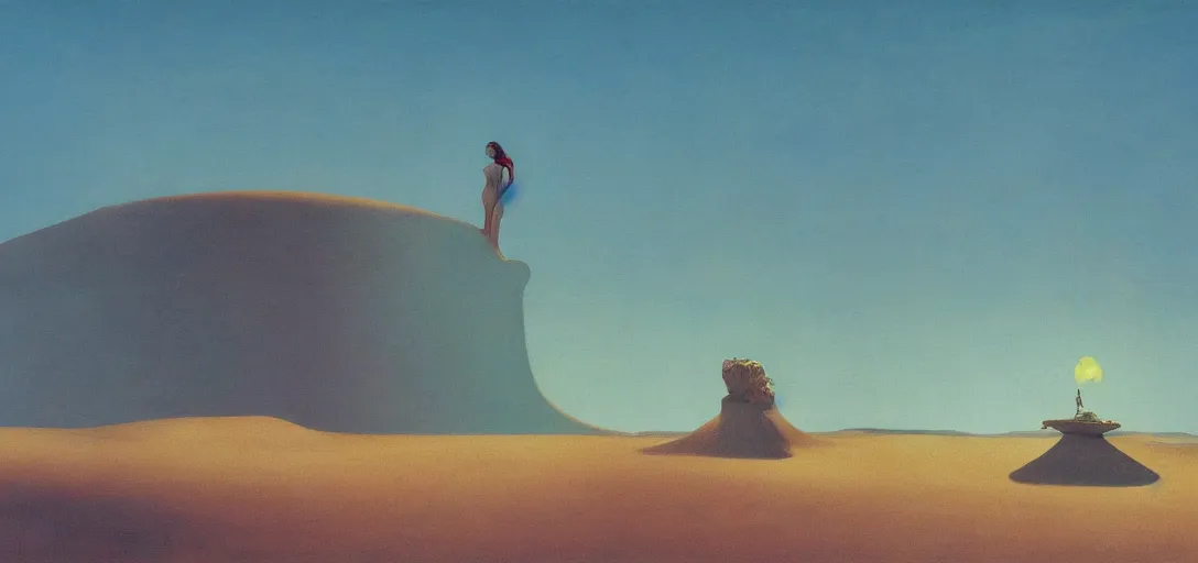 Image similar to a golden salt flat surrounded by dunes with a ruined statue of a woman emerging from the blue sand, illustrated, epic composistion,, edward hopper and zdzislaw beksinski, volumetric lighting, surreal flat colors, concept art