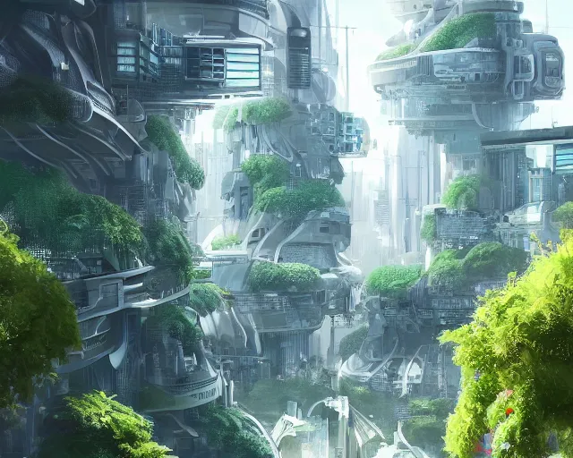 Image similar to A utopian futuristic city with green plants and flowing white buildings, brightly lit by the sun, beautiful lighting, highly detailed digital art, trending on Artstation