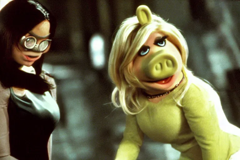 Image similar to movie still of miss piggy starring as trinity in the matrix 1 9 9 9 movie