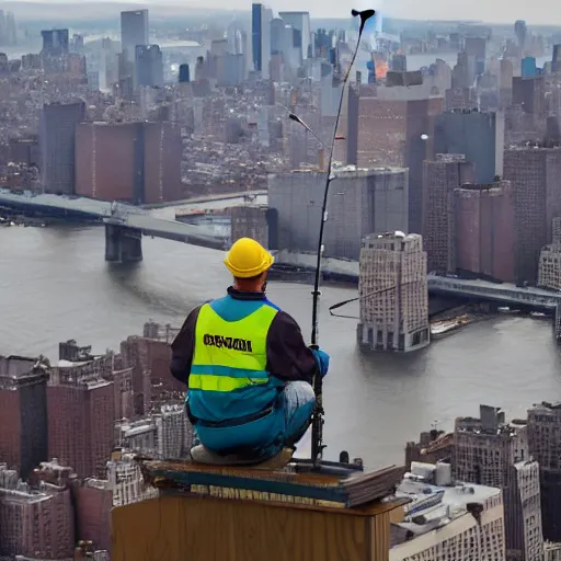 Image similar to a construction worker with a fishing rod sitting on a metal beam high over new york city, photography