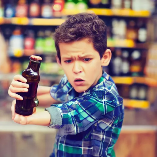 Image similar to boy hold beer bottle in the shop. angry casier refuse to sell.