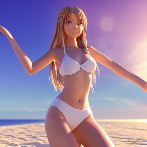 Image similar to Render of a very beautiful 3d anime girl, long pirple hair, hazel eyes, cute freckles, full round face, short smile, white bikini, golden hour, serene beach setting, medium shot, mid-shot, highly detailed, trending on Artstation, Unreal Engine 4k