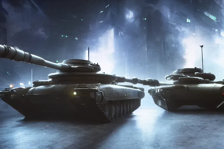 Image similar to large futuristic tank with 3 turrets taking over a futuristic city on fire, night, fog, thunder, rain, cinematic, volumetric lighting, f 8 aperture, cinematic eastman 5 3 8 4 film, photorealistic