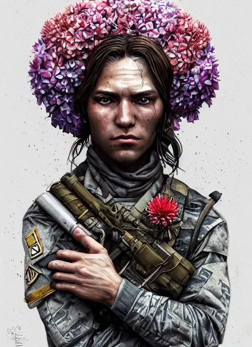 Image similar to handmade character portrait of an american soldier covered in amaratyllis, hydrangea, chrysanthemum and hyacinth, in the style of artgerm and enki bilal and bastien lecouffe - deharme, wlop, line art, watercolor, cinematic lighting, hyperdetailed, hyperrealistic