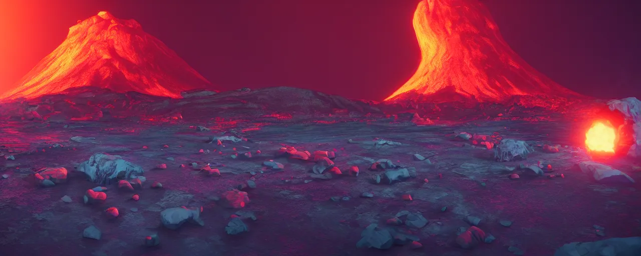 Image similar to a volcano in mars, synthwave'8 4, neon, surreal, 8 k uhd, unreal engine, octane render in the artstyle of finnian macmanus, john park and greg rutkowski