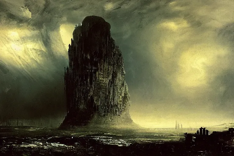 Image similar to awesome landscape rain by peder balke with an alien structure by hrgiger