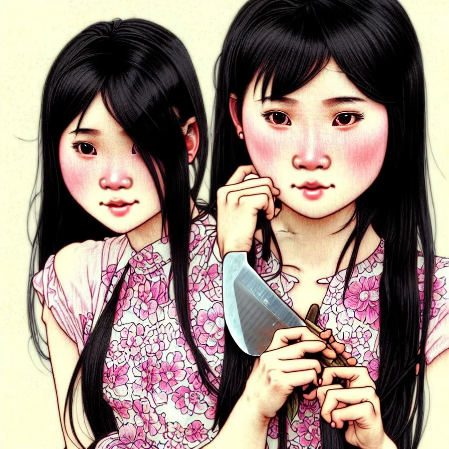 Prompt: closeup portrait of an innocent 18 year old lady from Vietnam wearing a pretty little dress with straight silky black hair, in a butcher shop, holding a butcher knife. insanely and epically detailed high-quality artwork with soft colors, exquisitely detailed soft shadowing, amazingly composed image, epic pencil illustration, by Range Murata and by Alphonse Mucha and by Katsuhiro Otomo.