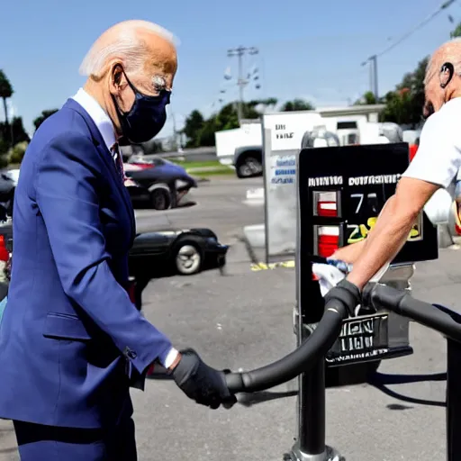 Image similar to Joe Biden raising gas prices at pump crisp detail laughing pointing people shouting with masks on