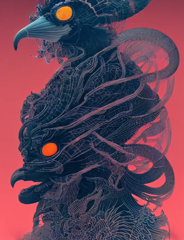 Image similar to 3 d liminal space frontal portrait with ram skull. beautiful intricately detailed japanese crow kitsune mask and clasical japanese kimono. betta fish, jellyfish phoenix, bio luminescent, plasma, ice, water, wind, creature, artwork by tooth wu and wlop and beeple and greg rutkowski