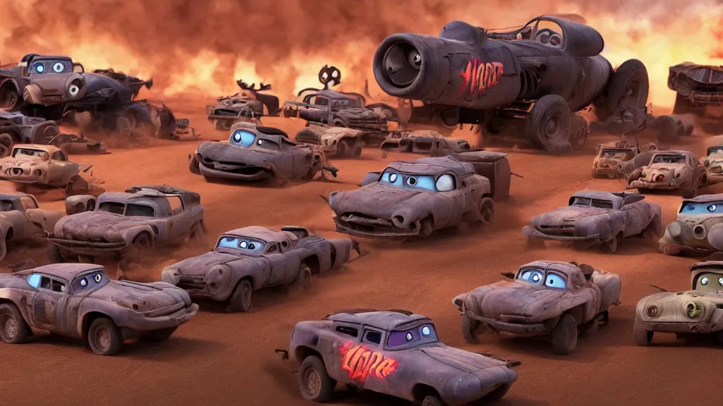 Image similar to pixar cars in mad max fury road, cartoon eyes, explosions, war boys, imax