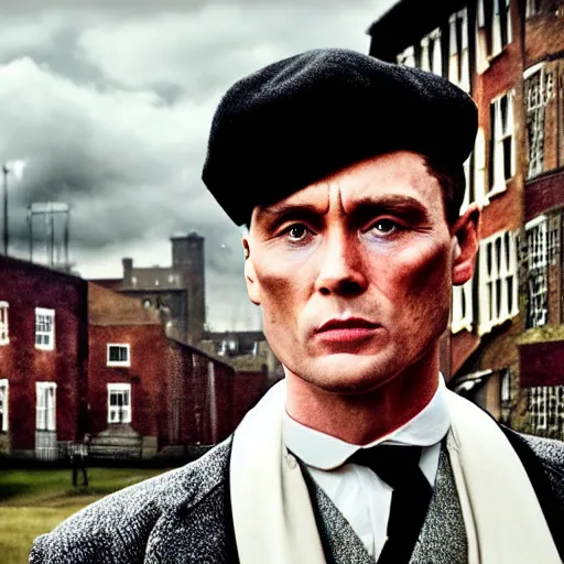 Prompt: Tommy Shelby from peaky blinders wearing a pirate hat, looking at the camera with piercing eyes, old Birmingham in the background, Digital art