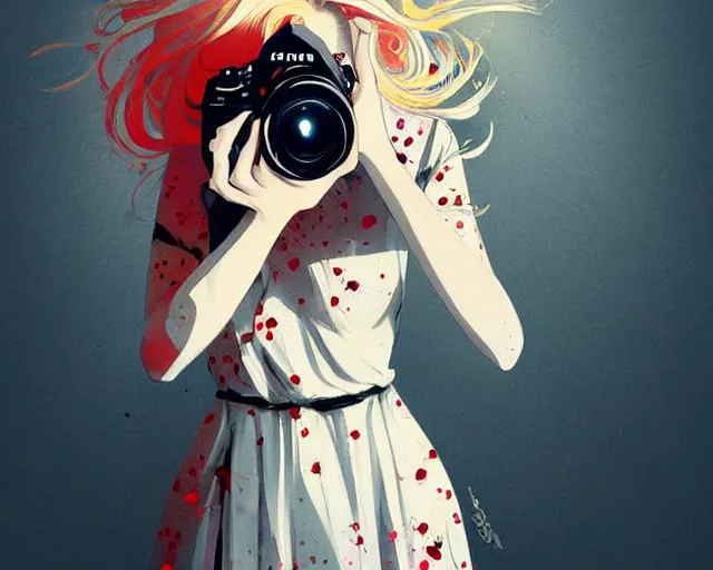 Image similar to pale young woman with bright blonde hair, freckles, gray eyes and a wide face, flowery dress, she is holding a professional dslr camera close to her face with one hand, dramatic lighting, bright flare, expressive, surrealist art by conrad roset