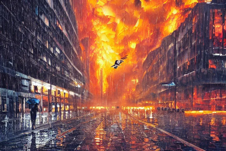 Image similar to oil painting of a lone pigeon in a futuristic city on fire, raining, 4 k, detailed, realistic, gritty