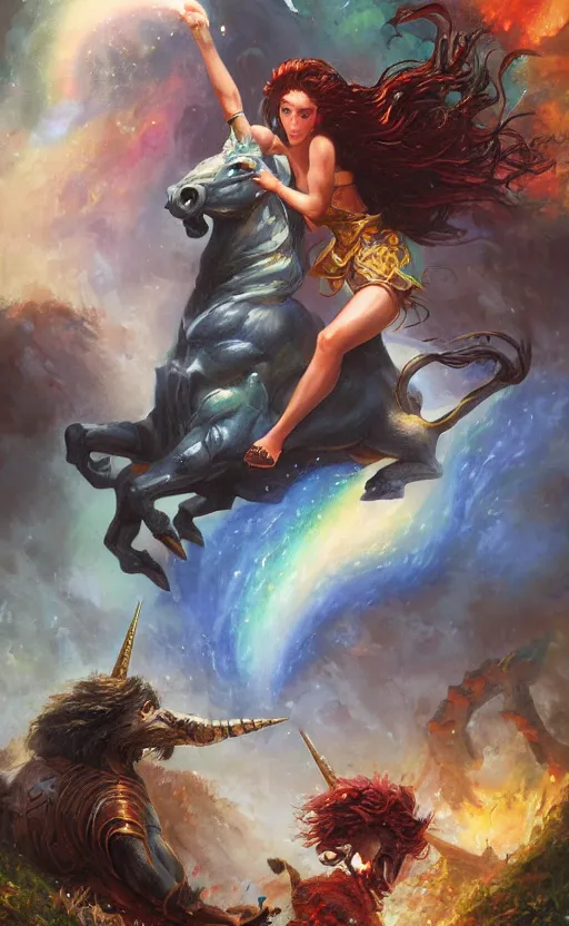 Prompt: A beautiful brunette girl on a unicorn charges an ugly stone giant, good against evil, brilliant, oil on canvas, smooth, colorful and impactful, by Ralph Horsley, 8K