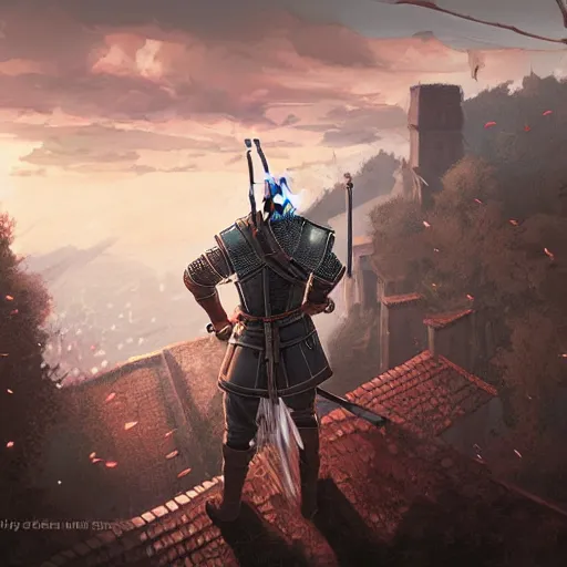 Prompt: Manga art of Witcher at the roof, by Stanley Artgerm Lau, WLOP, Rossdraws, James Jean, Andrei Riabovitchev, Marc Simonetti, Yoshitaka Amano, ArtStation, CGSociety,