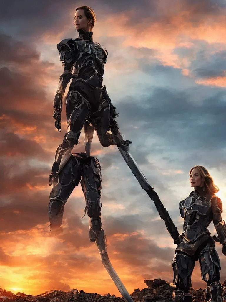 Image similar to emily blunt in futuristic power armor, by herself, holding a sword on her shoulder, standing atop a pile of rubble, sunset and big clouds behind her