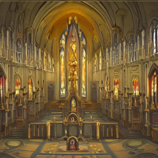 Prompt: a symmetrical cult church, oil painting, pale colors, high detail, 8 k, wide angle, trending on artstation,