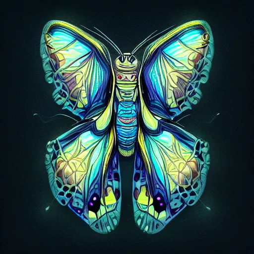 Image similar to moth monster, glowing, symmetrical, highly detailed, digital art, sharp focus, trending on art station, anime art style