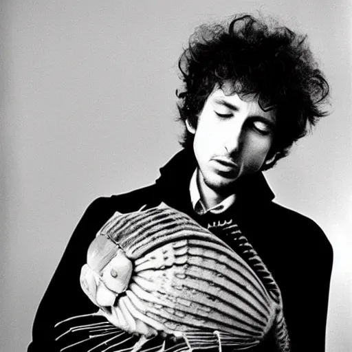 Image similar to bob dylan cradling a giant isopod like a baby, photograph, 1 9 6 5