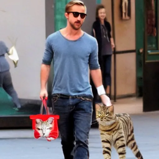 Prompt: ryan gosling shoplifting a cat under each arm