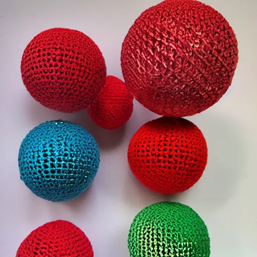 Prompt: chrome spheres on a red cube, crochet