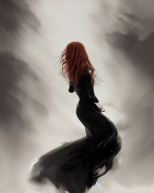 Prompt: a girl with long, flowing auburn hair at a dance, dancing, she has a long flowing black and white dress. victorian background, raining, long shot, portrait, artstation, concept art by greg rutkowski.