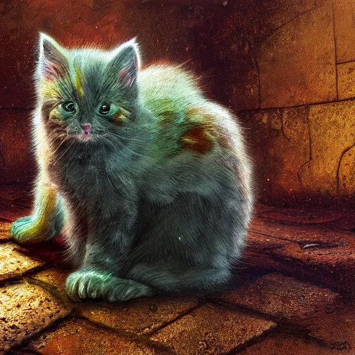 Prompt: rescue from the underworld, by tyler roswell, shadows of the past, chubby moss kitten, highly detailed, digital painting, HDRI, by jeff easley, vivid colors, high contrast, 8k resolution, intricate, photorealistic, smooth