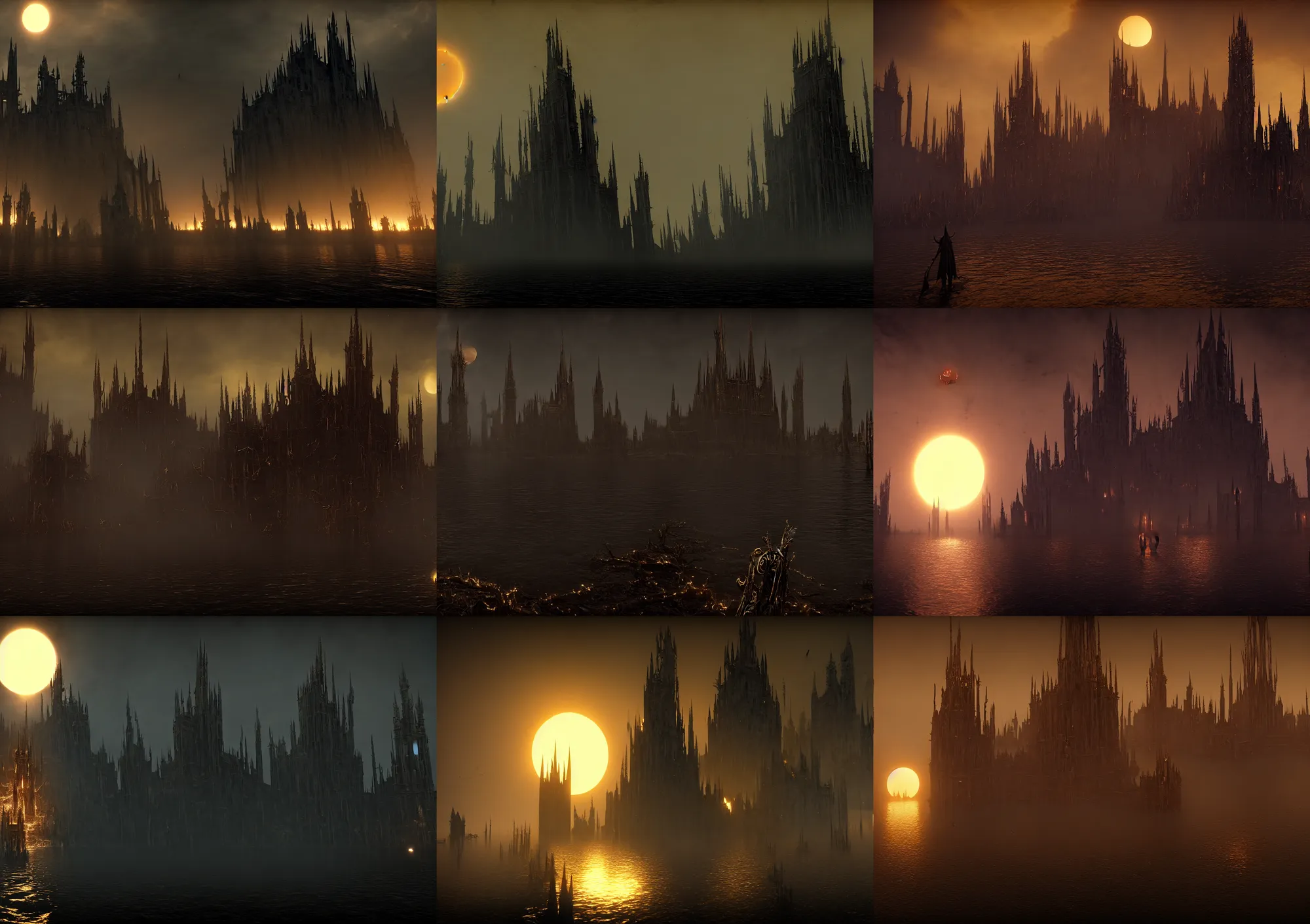 Prompt: the golden spires of the carcosa palace are illuminated by huge black sun, and the lake is reflecting yhtill's remnants curled gunsmoke. gothic, 8 k, bloodborne cg, hyperdetailed