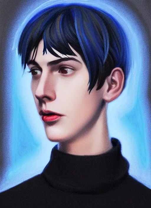 Image similar to portrait of teenage jughead jones wearing a light grey crown, crown, blue turtleneck, 1 9 5 0 s, closed eyes, photorealistic, black hair, glowing lighting, intricate, elegant, glowing lights, highly detailed, digital painting, artstation, concept art, smooth, sharp focus, illustration, art by wlop, mars ravelo and greg rutkowski