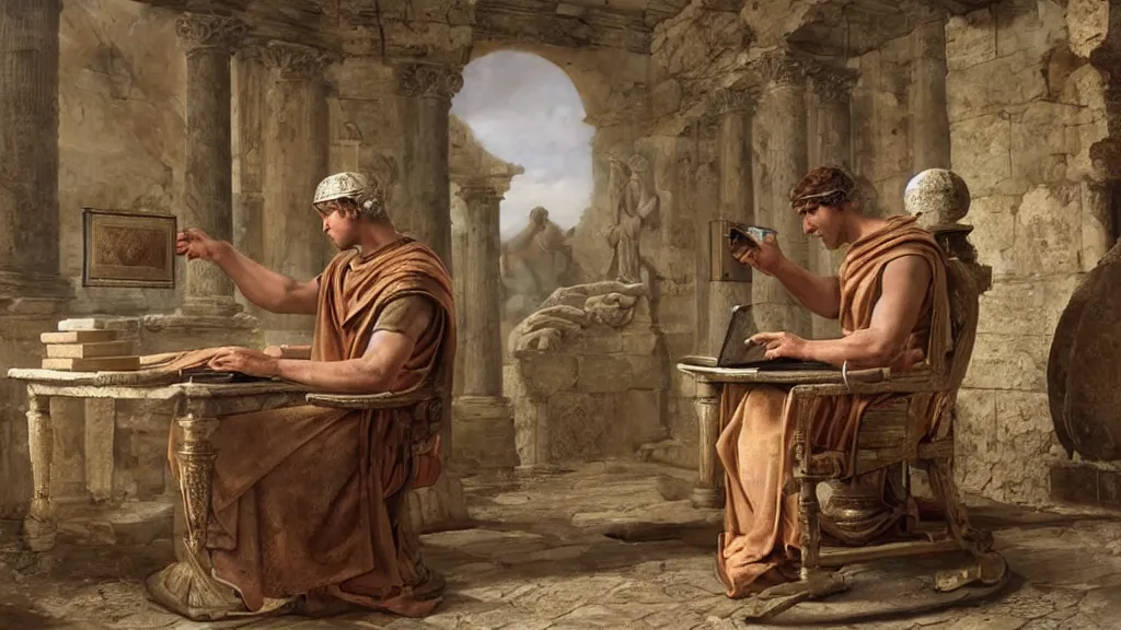 Prompt: Ancient roman citizen at home playing a computer game in his domus, 15 BC