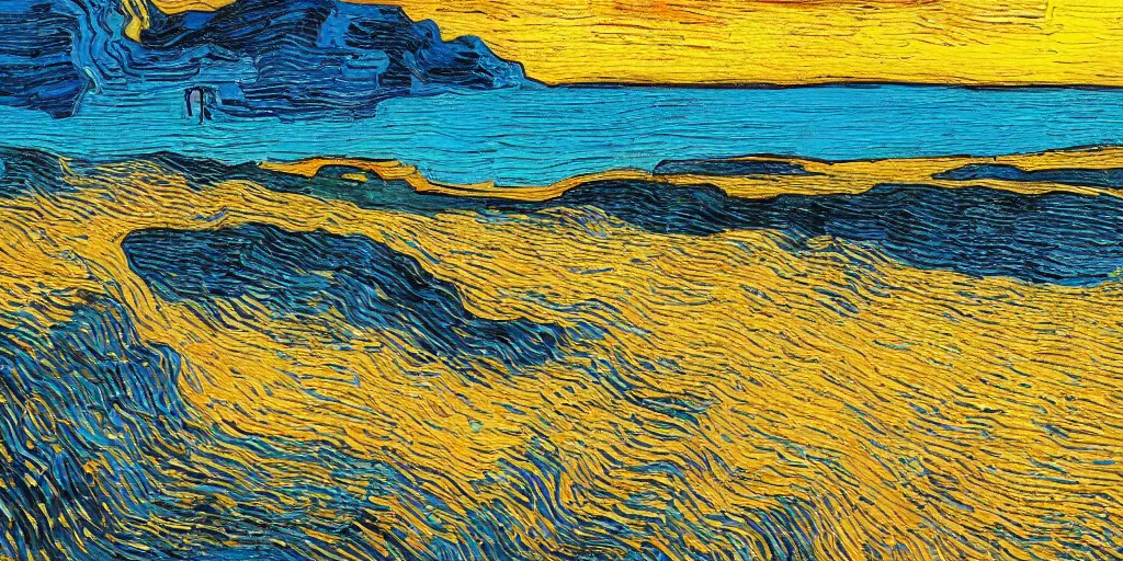 Image similar to a beach between two valley, by Salvador Dali and Van Gogh collaboration, sun set, digital art, high details, drone wide shot