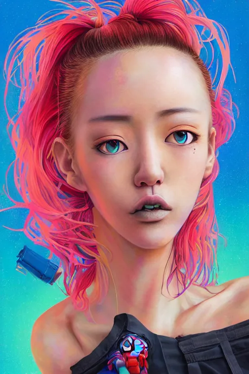 Prompt: a award winning half body portrait of a beautiful caucasian woman in a croptop and cargo pants with ombre orange blue teal hairstyle with head in motion and hair flying by yoshii chie and hikari shimoda and martine johanna and will eisner, outrun, vaporware, digital art, trending on artstation, highly detailed, fine detail, intricate