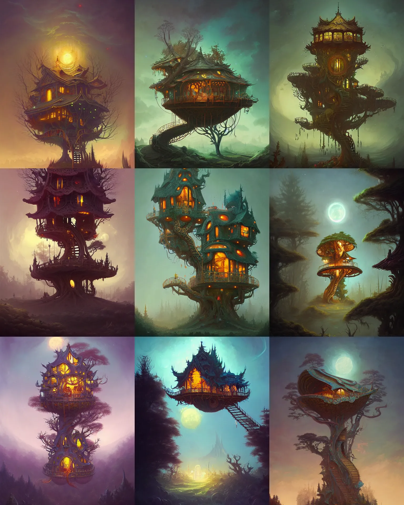 Prompt: twisted lunar treehouse temple, gilding, peter mohrbacher, alena aenami, dan mumford, dark fantasy, cinematic, artstation