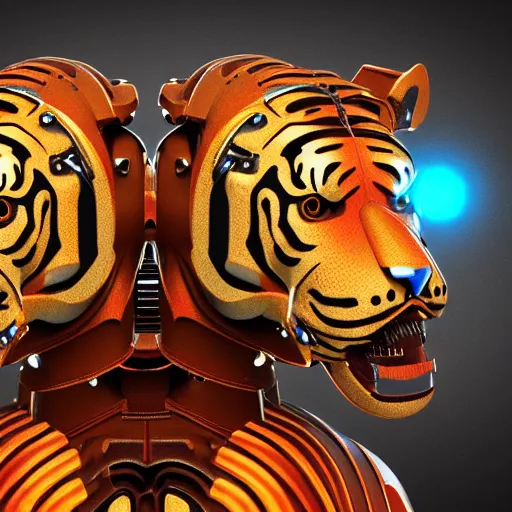 Prompt: two headed tiger of two heads steampunk robot bodybuilder bouncer security with gears and tubes, blue eyes, shiny crisp 3 d render, bio - mechanical intelligences, aliens, robotic machines, gods, glitch creatures, dmt entity ; lsd art, very detailed, fluorescent colors, background multicolored lasershow