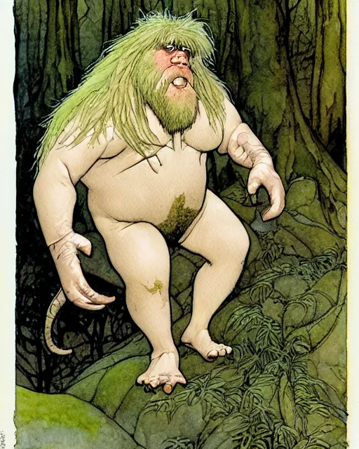 Image similar to a realistic and atmospheric watercolour fantasy character concept art portrait of a short fat chibi albino bigfoot in the forest. by rebecca guay, michael kaluta, charles vess and jean moebius giraud