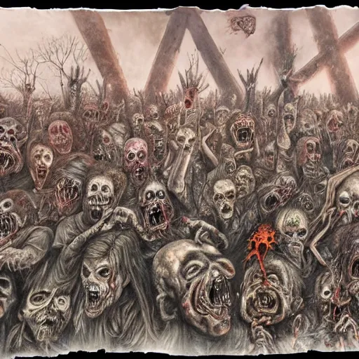 Prompt: a hyperrealistic painting of a group of zombies at an outdoor heavy metal concert by santiago caruso, highly detailed,