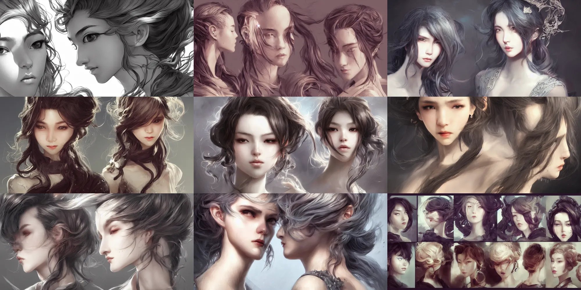 Prompt: head designs, concept art, mid 2 0's female, video game, unique hairstyles, by qui fang and artgerm, wlop, yuxiang chen, intricate, elegant, highly detailed, stylized, digital art, artstation, concept art, sharp focus, illustration, beautiful sunlight and shadows