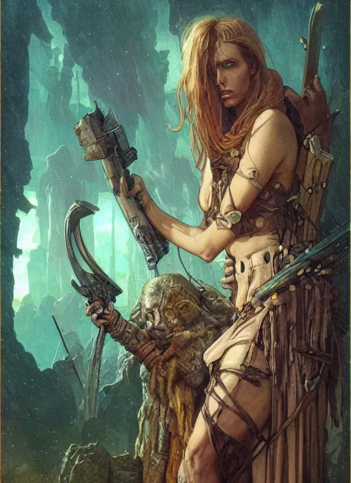 Image similar to hyper realistic photography portrait of postapocalyptic medieval religious occult amazon cinematic, brom, moebius, juan gimenez, peter mohrbacher, mucha, leonardo da vinci