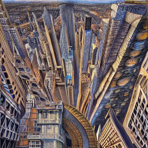 Image similar to city skies hyper realism 8 k by antoni gaudi, arthur adams, rob gonsalves, artgerm