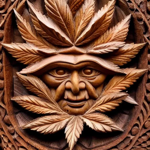 Image similar to deeply carved and stained, highly detailed wood carving depicting the face of the marijuana green man, as if made of obvious cannabis fan leaves, resting in a bed of real cannabis leaves