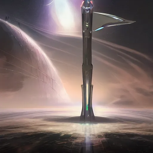 Image similar to concept art of a large space vessel in the shape of an spear flying through the space, scifi, beautiful ilumination, artstation hq