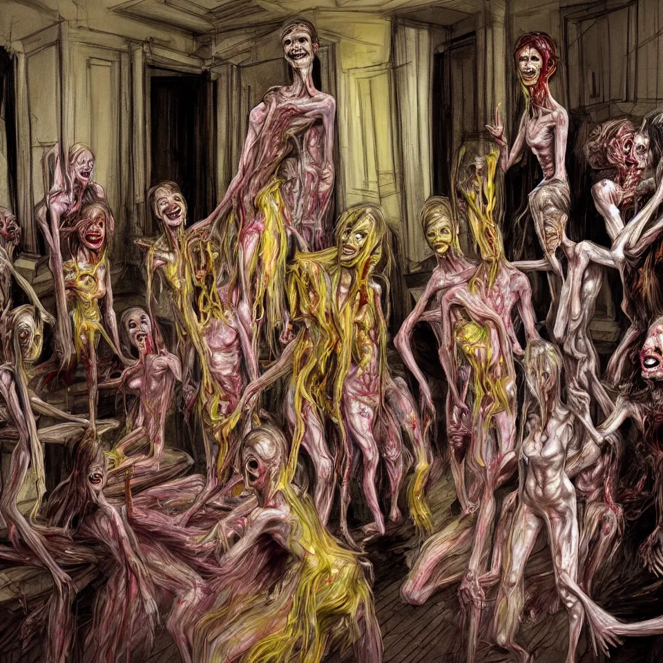 Prompt: bright realistic anorexic end of the world family cult turning into gods and deamons and smiling franticly, old apartment, rotten flesh, diffuse lighting, fantasy, intricate, elegant, highly detailed, lifelike, photorealistic, digital painting, artstation, illustration, concept art, smooth, sharp focus, art by francis bacon and jenny saville