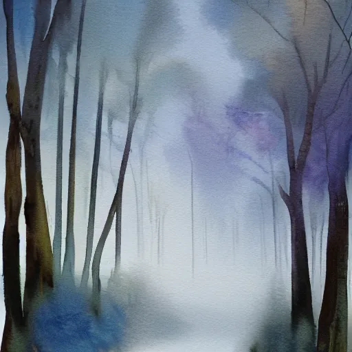 Prompt: watercolor foggy forrest