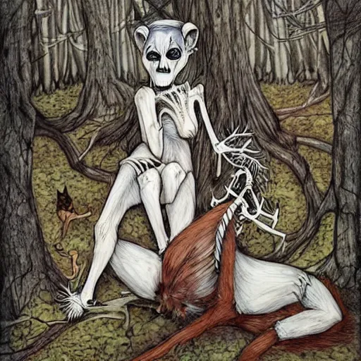 Image similar to a dream wolf eats the magical heart of a woodland faun who has her skeleton exposed, artwork by chiara bautista