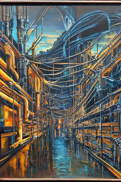 Image similar to oil painting, extra long-vie, hight detailed, thousand small melting industrial pipes, in style of 80s sci-fi art