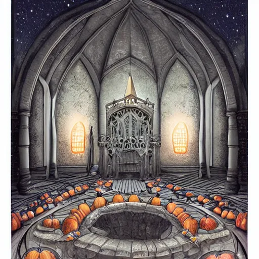 Image similar to large gothic hall with a large pumpkin on the ceiling, moonlight, art station, detailed, colorful, symmetrical