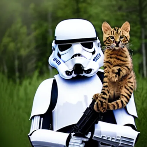 Prompt: a stormtrooper holding a big cat, star wars