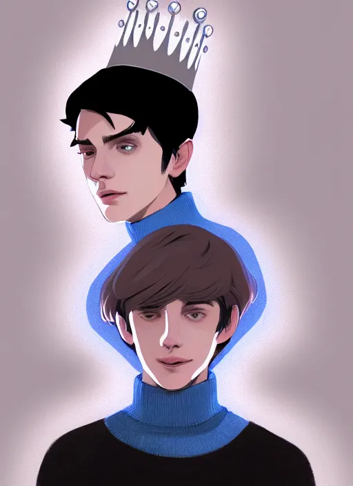 Image similar to portrait of teenage jughead jones wearing a light grey crown, crown, blue turtleneck, closed eyes, photorealistic, black hair, glowing lighting, intricate, elegant, glowing lights, highly detailed, digital painting, artstation, concept art, smooth, sharp focus, illustration, art by wlop, mars ravelo and greg rutkowski